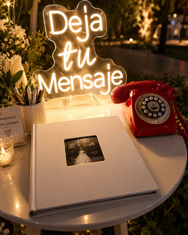 Audio Guestbook de WooW preparado para un evento con el cartel neón Deja tu mensaje