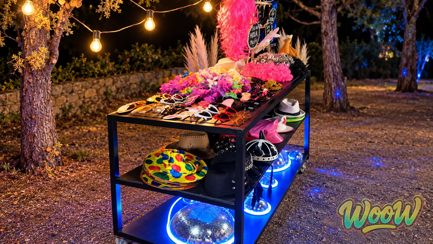 Carro de atrezzo del fotomatón iluminado con pelucas, gafas y sombreros en un evento nocturno