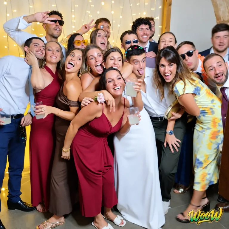 Novia e invitados posando juntos en el fotomatón