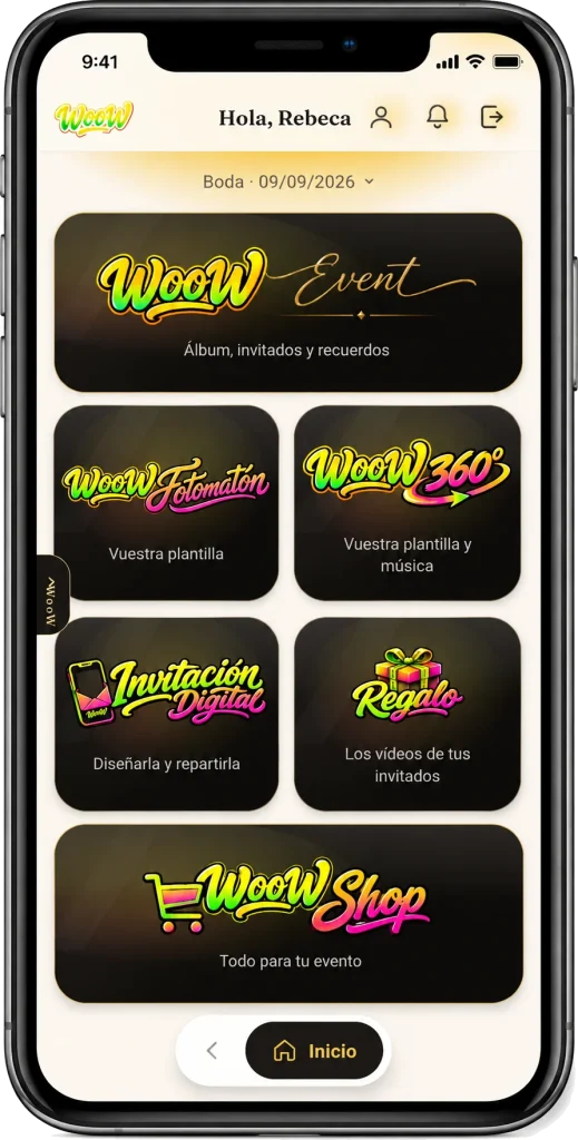 Pantalla de la app WooW Event con el álbum digital de una boda