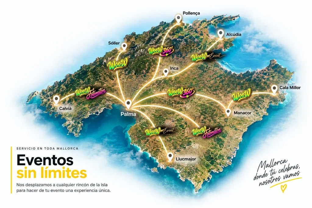 Inicio Mapa de Mallorca con el servicio de fotomatón WooW en Palma, Inca, Calvià, Pollença, Llucmajor, Alcúdia, Manacor y Sóller